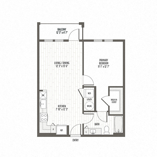 Floor plan for 1 bed, 1 bath, 674 sqft